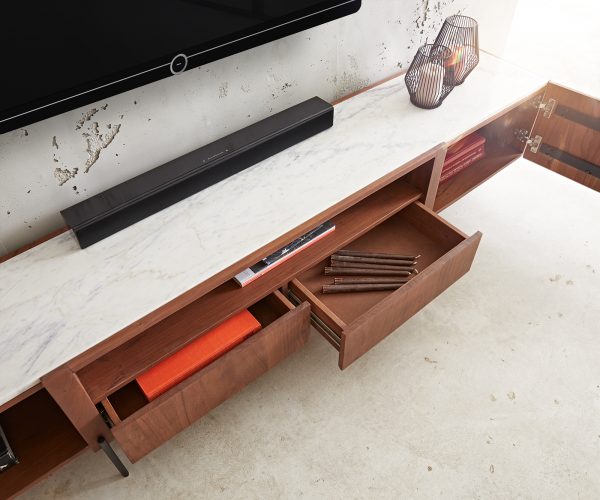TV szekrény Secara 220 cm akác barna 2 ajtós 2 fiókos lebegő márvány - Image 5