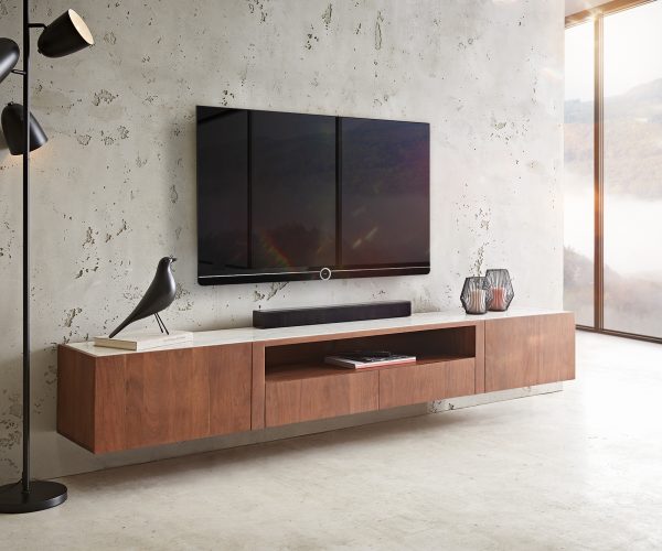 TV szekrény Secara 220 cm akác barna 2 ajtós 2 fiókos lebegő márvány - Image 2