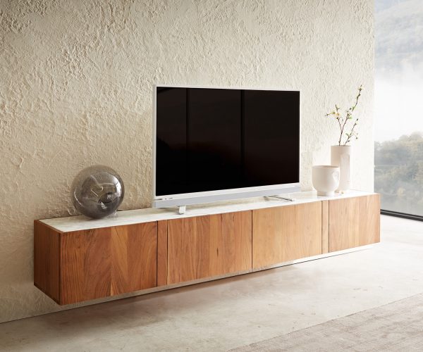 TV szekrény Secara 200 cm akác természetes 4 ajtós márvány lebegő