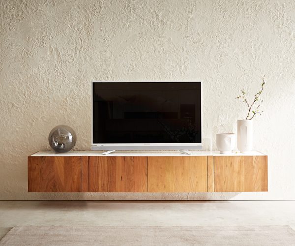 TV szekrény Secara 200 cm akác természetes 4 ajtós márvány lebegő - Image 2