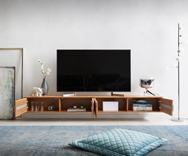 TV szekrény Fevo 220 cm akác természetes 4 ajtós lebegő - Image 4