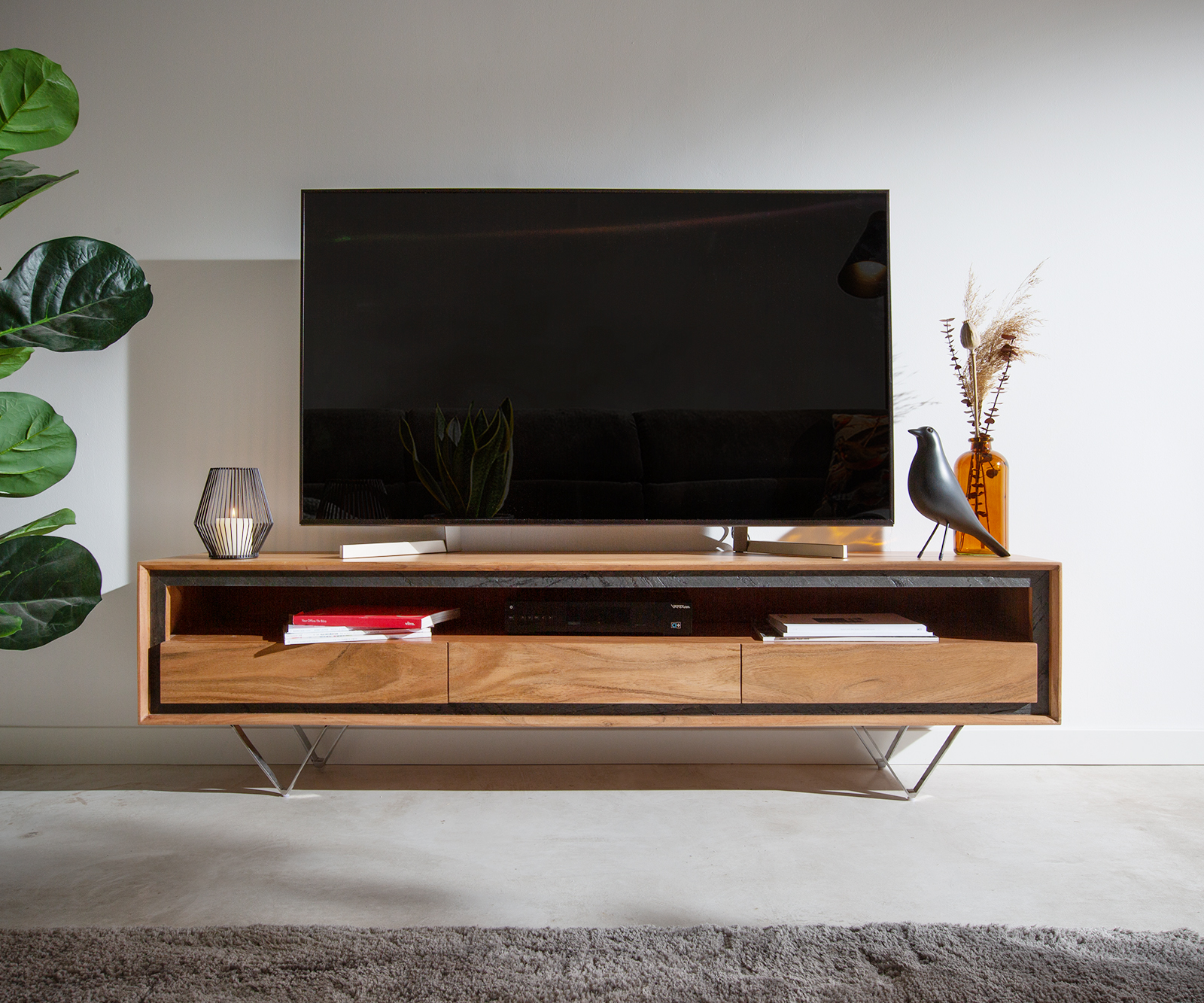 TV szekrény Stonegrace 175 cm akác természetes 1 rekesz 3 fiók kőfurnér "V" alakú láb - Image 2