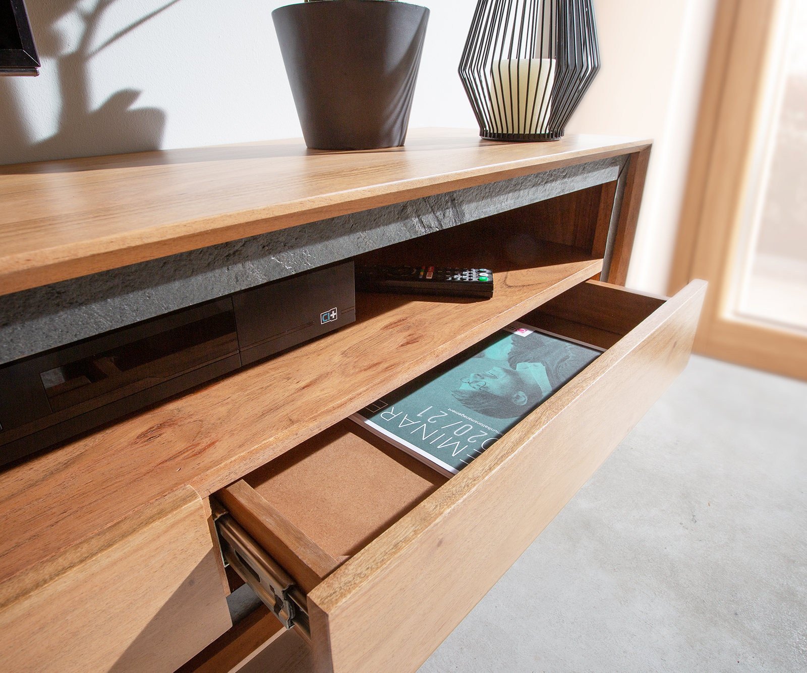 TV szekrény Stonegrace 240 cm akác természetes 2 ajtós 1 rekeszes 2 fiókos kőfurnér V láb - Image 4