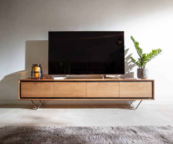 TV szekrény Stonegrace 200 cm akác természetes 4 ajtós kőfurnér V láb - Image 2