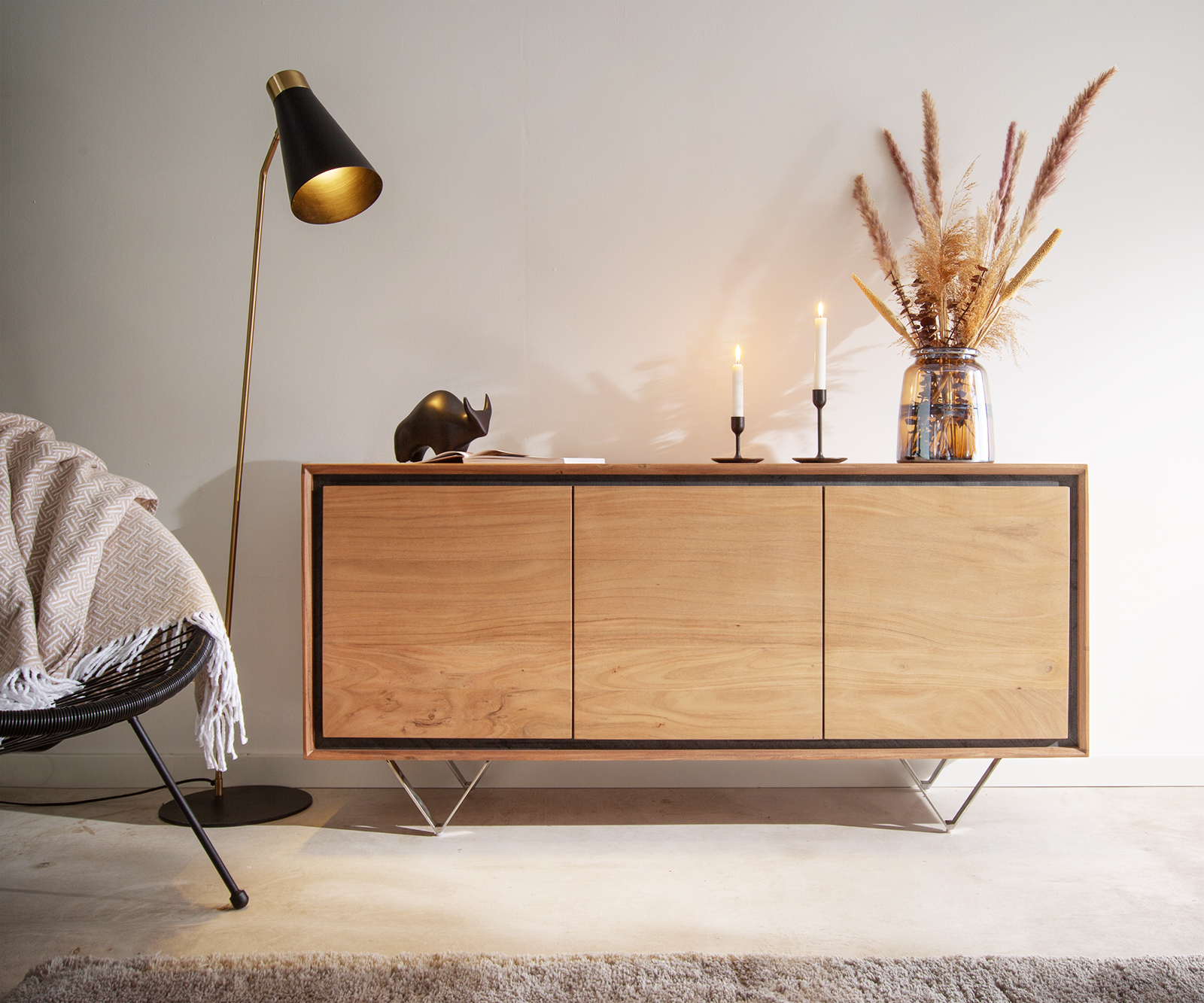 Komód Stonegrace 145 cm akác természetes 3 ajtós kőfurnér V láb - Image 2