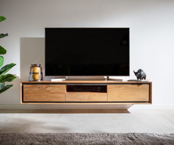 TV szekrény Stonegrace 175 cm akác természetes 2 ajtós 1 rekeszes 1 fiókos kőfurnéros lebegő - Image 2