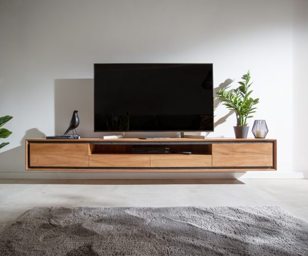 TV szekrény Stonegrace 240 cm akác természetes 2 ajtós 1 rekeszes 2 fiókos kőfurnéros lebegő - Image 2