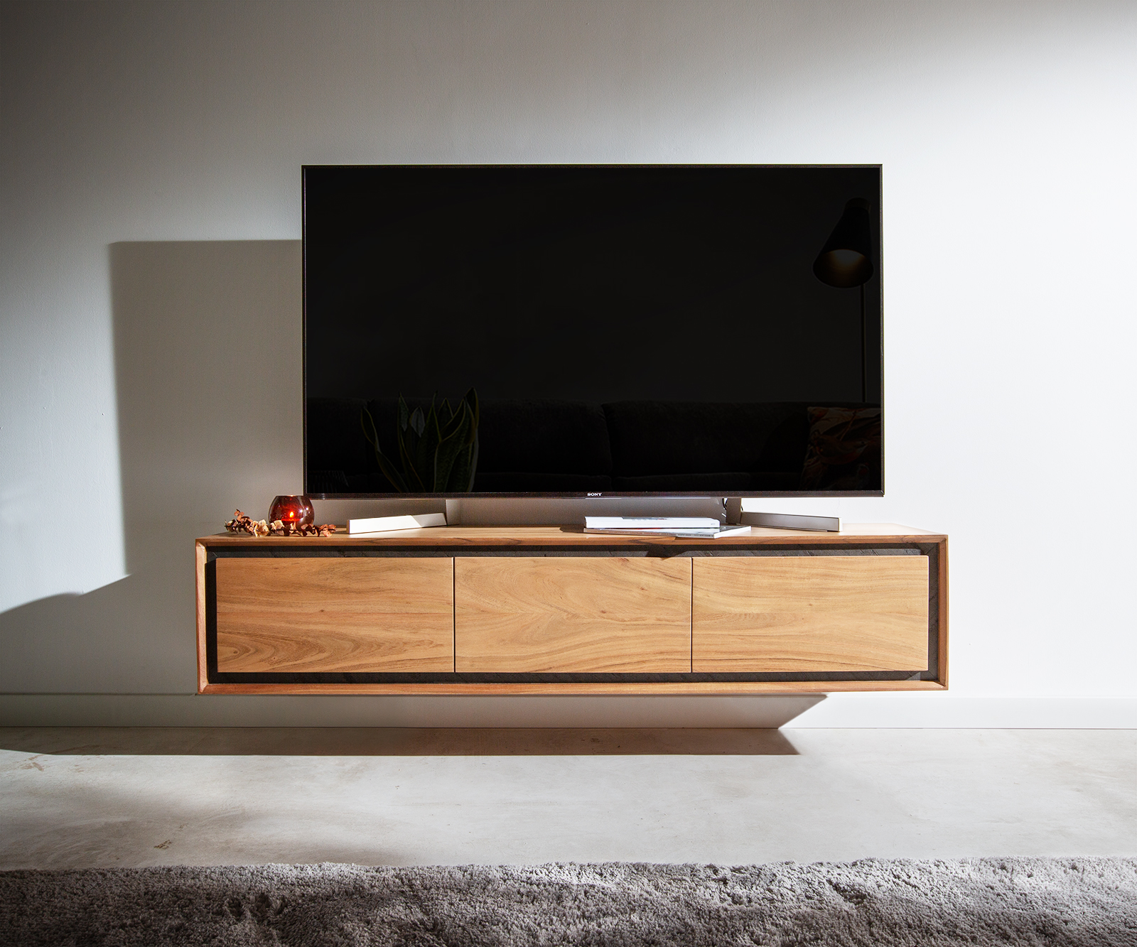 TV szekrény Stonegrace 145 cm akác természetes 3 ajtós kőfurnér lebegő - Image 2