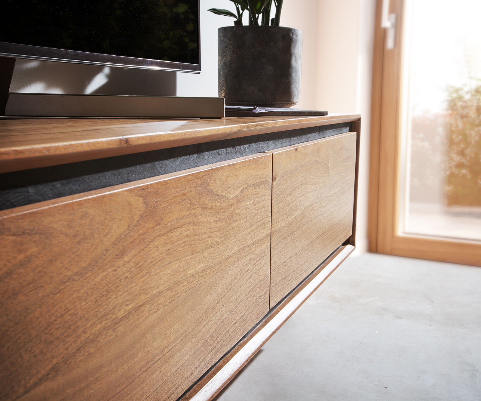 TV szekrény Stonegrace 200 cm akác természetes 4 ajtós kőfurnér lebegő - Image 4