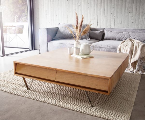 Konferenční stolek Eloi 115x115 cm přírodní akácie 4 zásuvky podnož ve tvaru "V" nerezová ocel