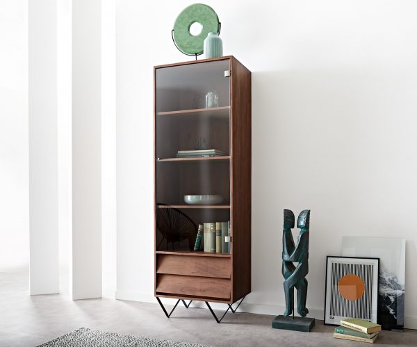 Üvegvitrin Eloi 60x40 cm akác barna 1 ajtós 2 fiókos V-láb fekete