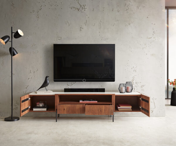 TV szekrény Secara 200 cm akác barna 2 ajtós 2 fiókos márvány láb fekete - Image 4