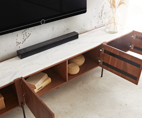 TV szekrény Secara 200 cm akác barna 4 ajtós márvány láb fekete - Image 5