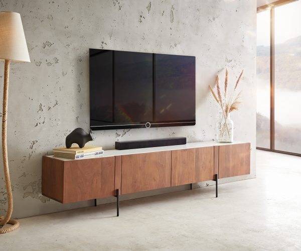 TV szekrény Secara 200 cm akác barna 4 ajtós márvány láb fekete - Image 2
