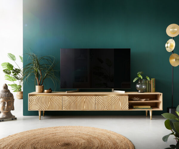 TV szekrény Budaya 220 cm mango természetes 3 ajtós láb kerek - Image 2