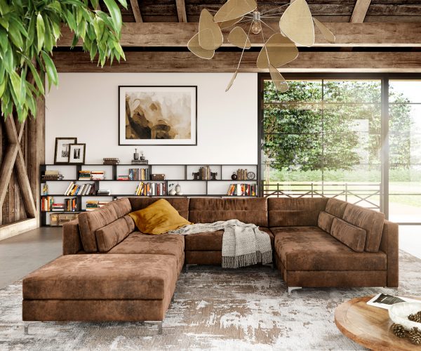 "U alakú kanapé Elio 300x185 cm bőr imitáció vintage barna antik puffal" - Image 2