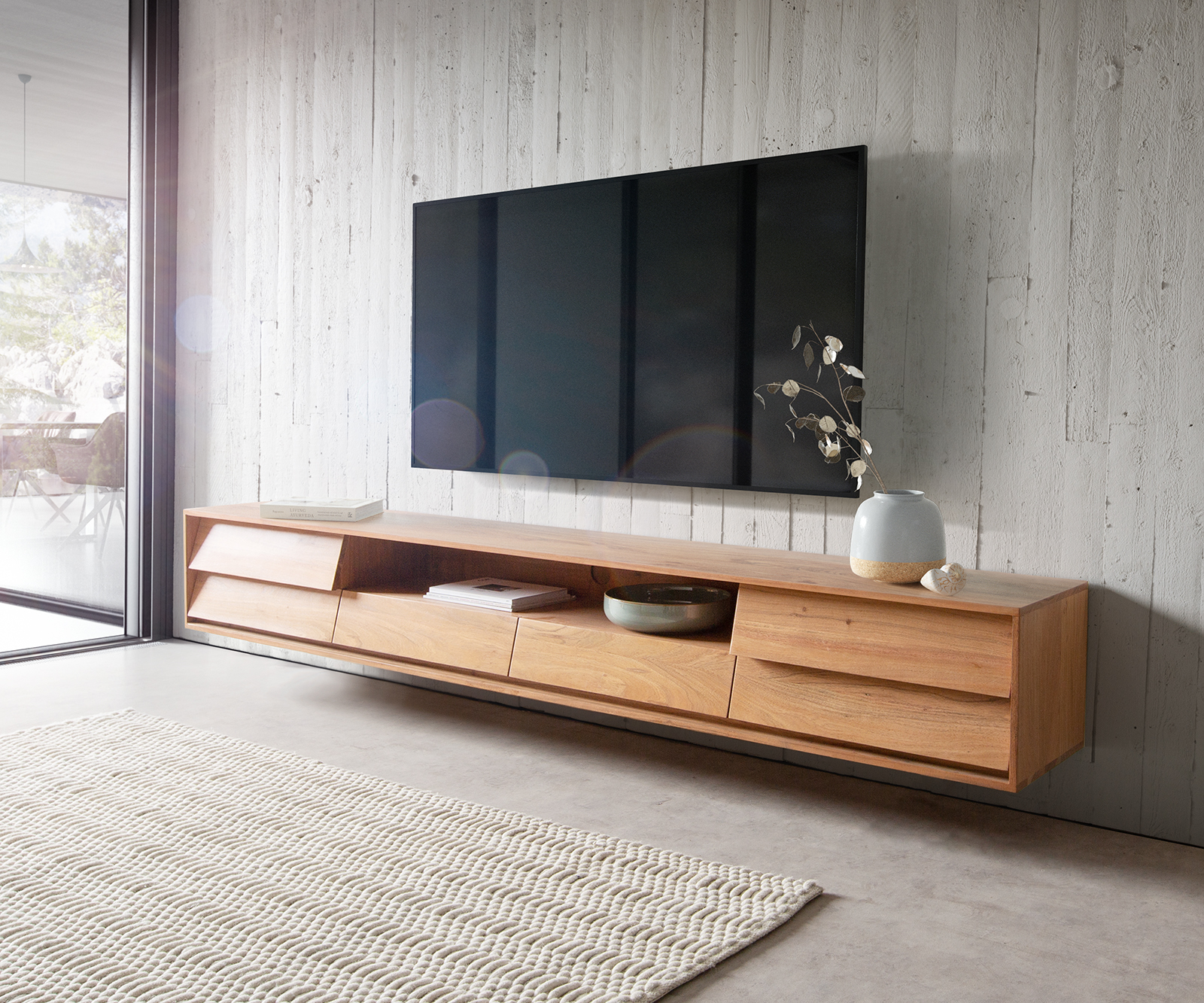 TV stolek Eloi 240x35 cm Akácie Přírodní 2 dvířka 2 zásuvky plovoucí