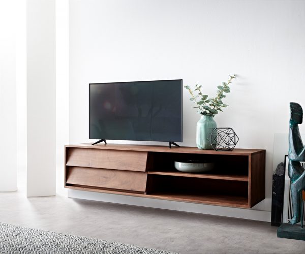 TV stolek Eloi 145x35 cm hnědá akácie 2 šuplíky 2 přihrádky závěsný
