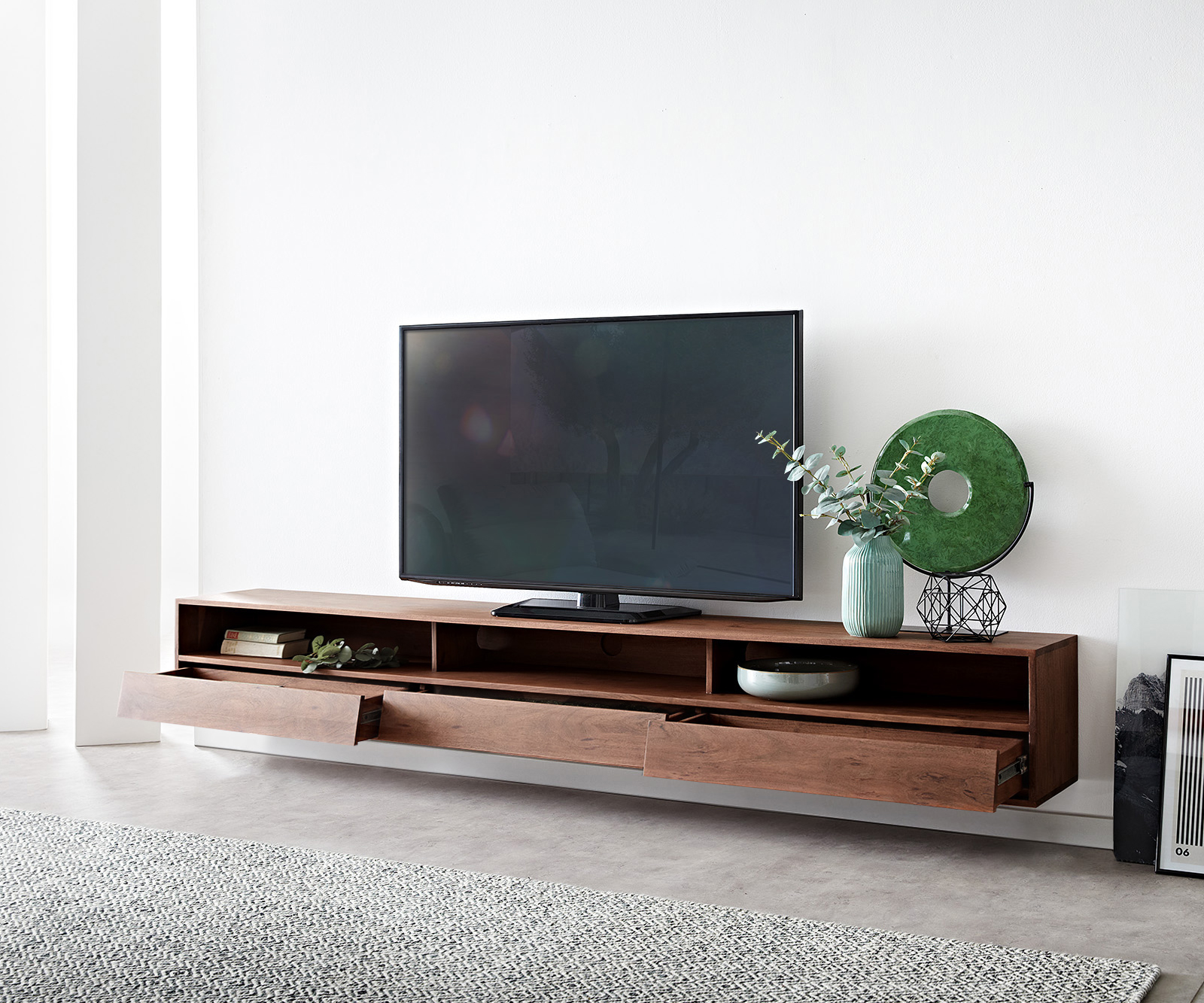 TV stolek Eloi 240x35 cm hnědá akácie 3 šuplíky závěsný - Image 4
