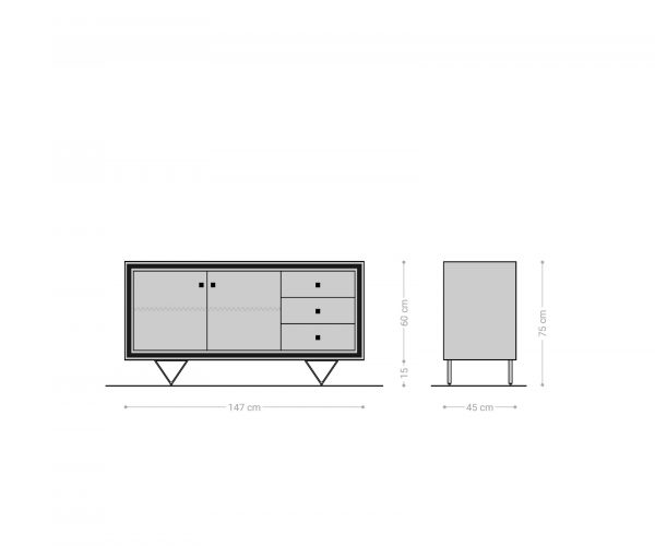 Komód Stonegrace 150 cm akác barna 3D 2 ajtós 3 fiókos "V" alakú láb fekete - Image 5
