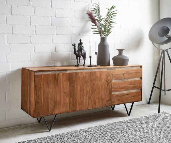 Příborník Stonegrace 175 cm hnědá akácie kamenná dýha 2 dvířka 3 šuplíky podnož "V" černá