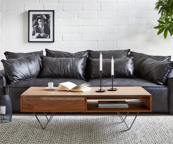 Dohányzóasztal Stonegrace 115x60 cm akác barna pala 2 fiók 1 rekesz "V" alakú láb fekete - Image 2