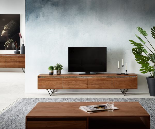 TV szekrény Stonegrace 220 cm akác barna természetes él 4 ajtós "V" alakú láb fekete - Image 2