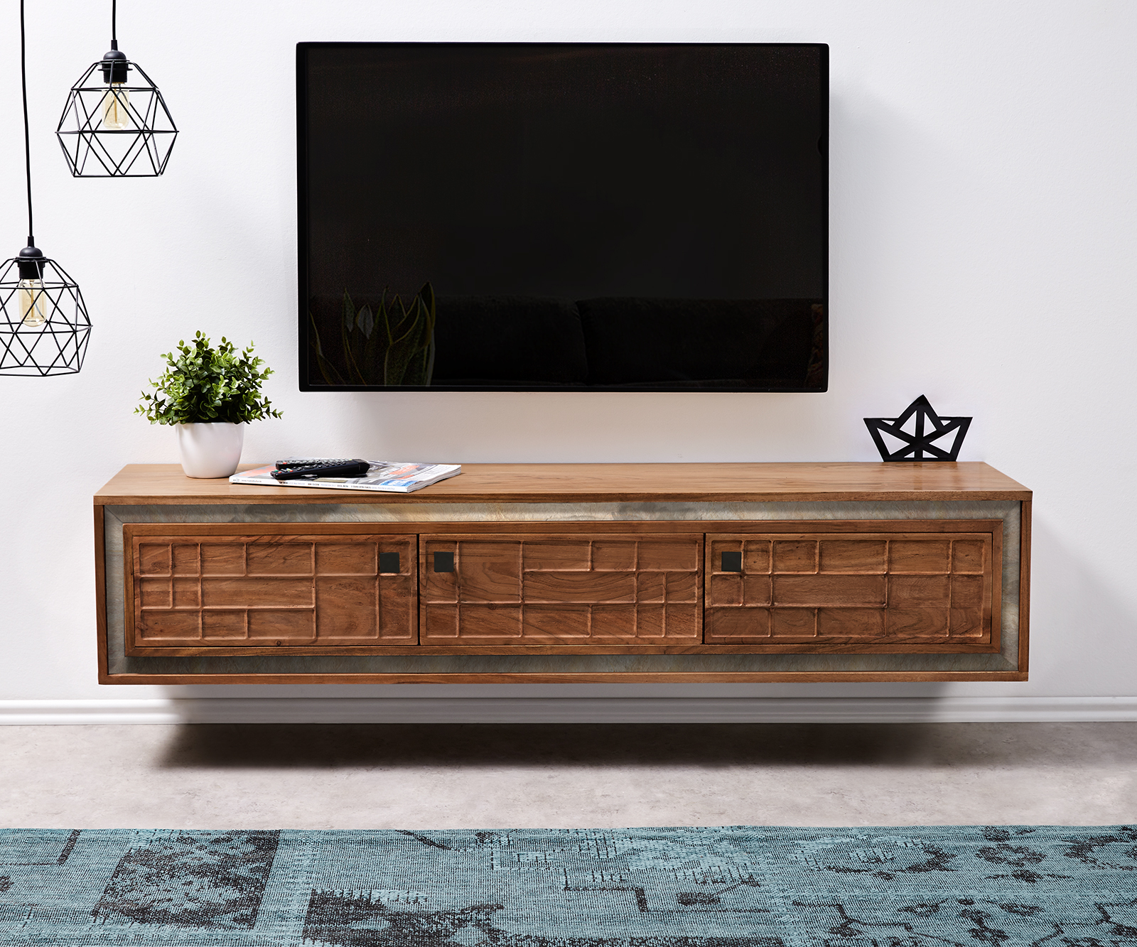 TV stolek Stonegrace 150 cm hnědá akácie 3D 3 dvířka závěsný - Image 2