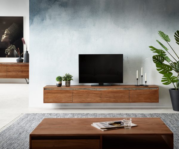 TV szekrény Stonegrace 220 cm akác barna természetes él 4 ajtós lebegő - Image 2