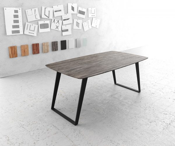 Jídelní stůl Edge zaoblená 180x90 akácie platina kov šikmá podnož švýcarská hrana