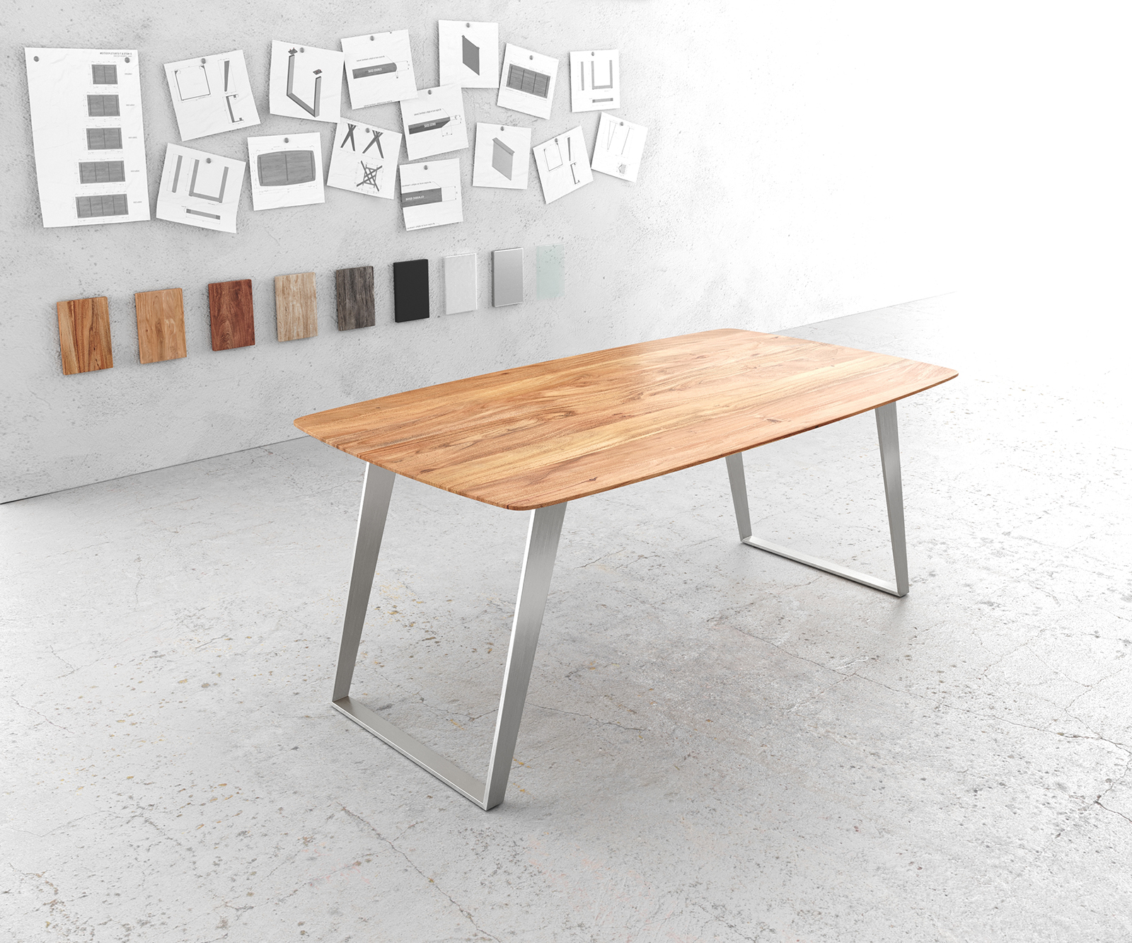 Étkezőasztal Edge hajóformájú 180x90 akác természetes rozsdamentes acél ferde svájci él