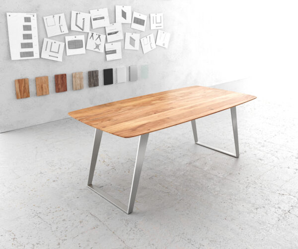 Étkezőasztal Edge hajóformájú 200x100 akác természetes rozsdamentes acél ferde svájci él