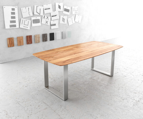 Étkezőasztal Edge hajóformájú 200x100 akác természetes rozsdamentes acél keskeny svájci él