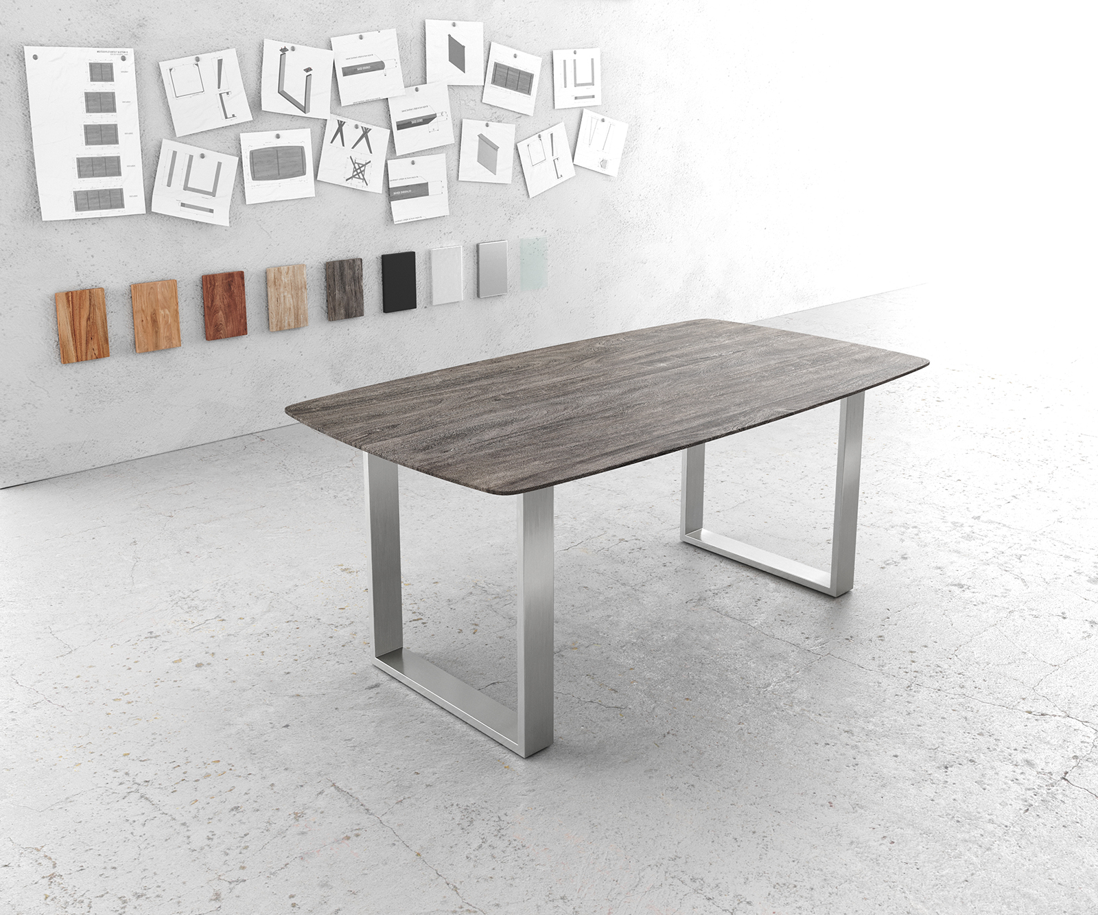 Jídelní stůl Edge zaoblená 180x90 akácie platina nerezová ocel úzká švýcarská hrana