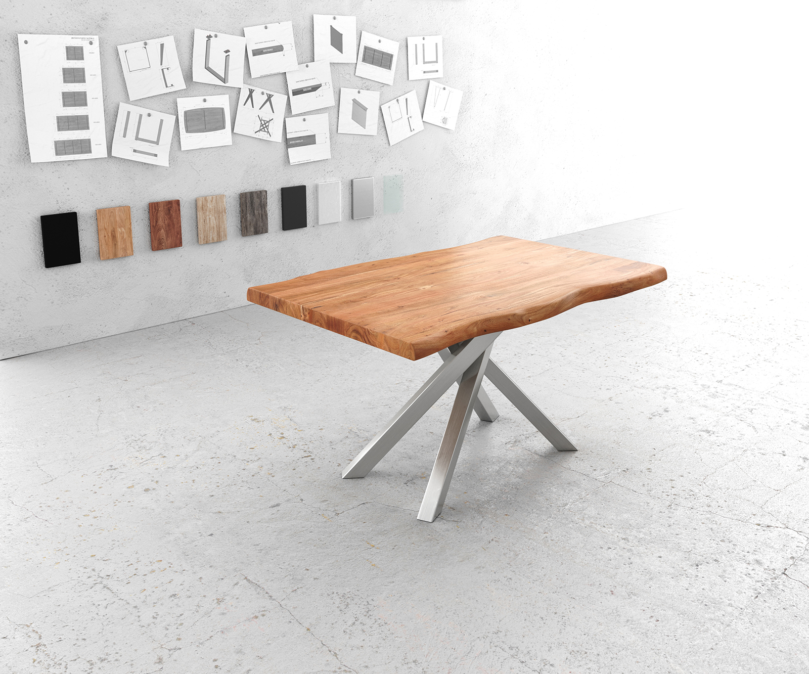 Jídelní stůl Edge 140x90 XL Akácie přírodní Cross Rám Rectangle Nerezová Ocel nepravidelná hrana
