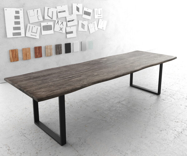 Étkezőasztal Edge 300x100 XL akác platina fekete vékony lábazat Live-Edge