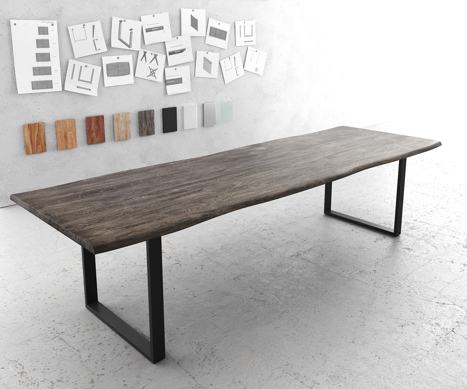 Étkezőasztal Edge 300x100 XL akác platina fekete vékony lábazat Live-Edge