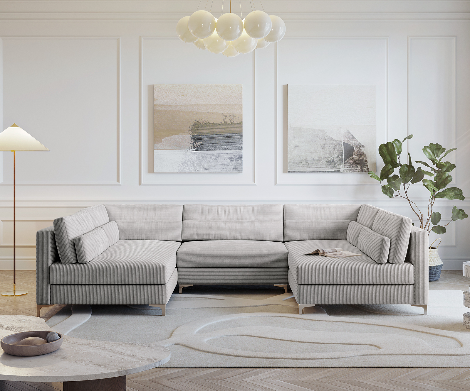 Pohovka ve tvaru "U" Elio 300x185 cm manšestr stříbrnošedá s taburetem - Image 2