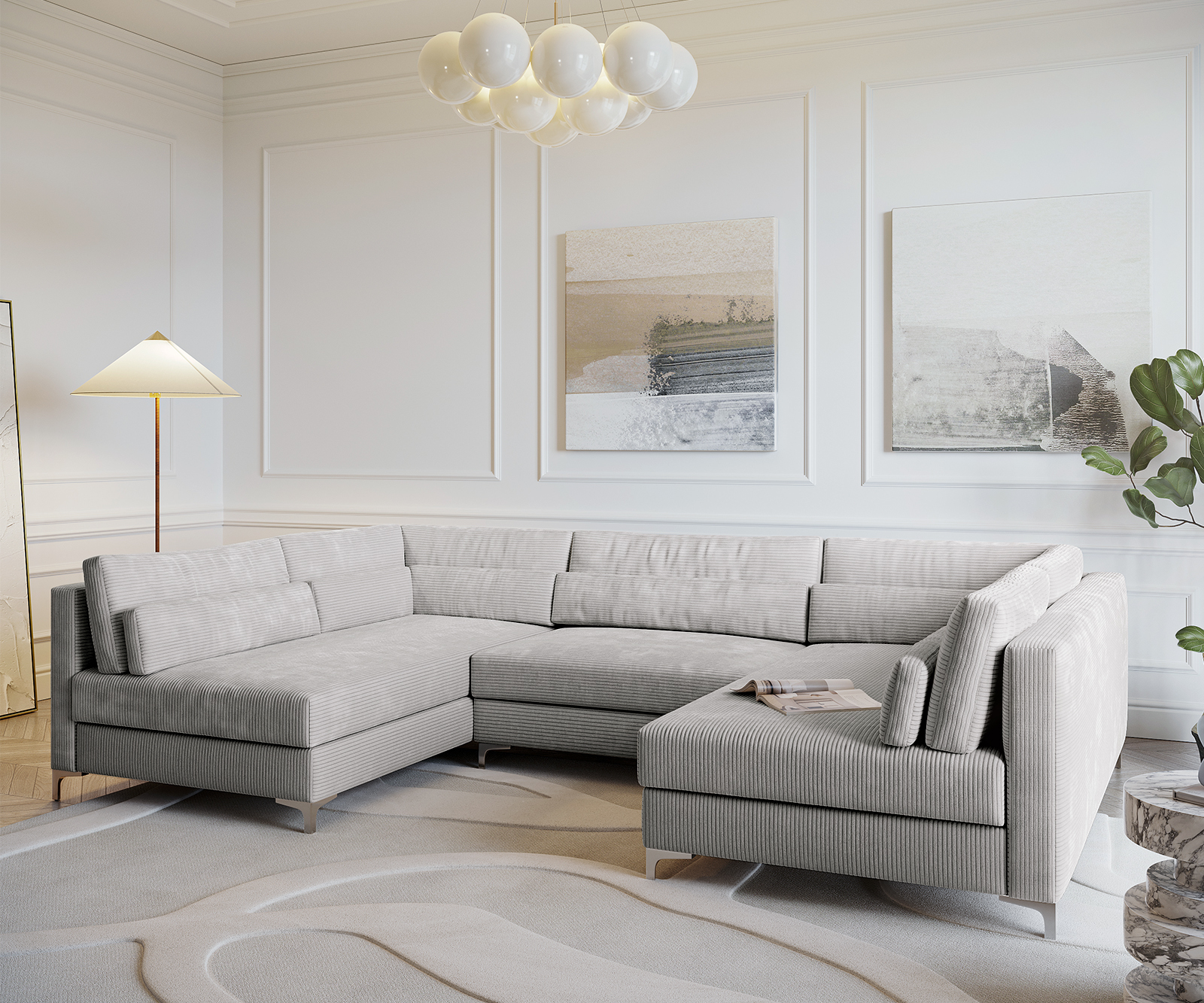 Pohovka ve tvaru "U" Elio 300x185 cm manšestr stříbrnošedá s taburetem - Image 4