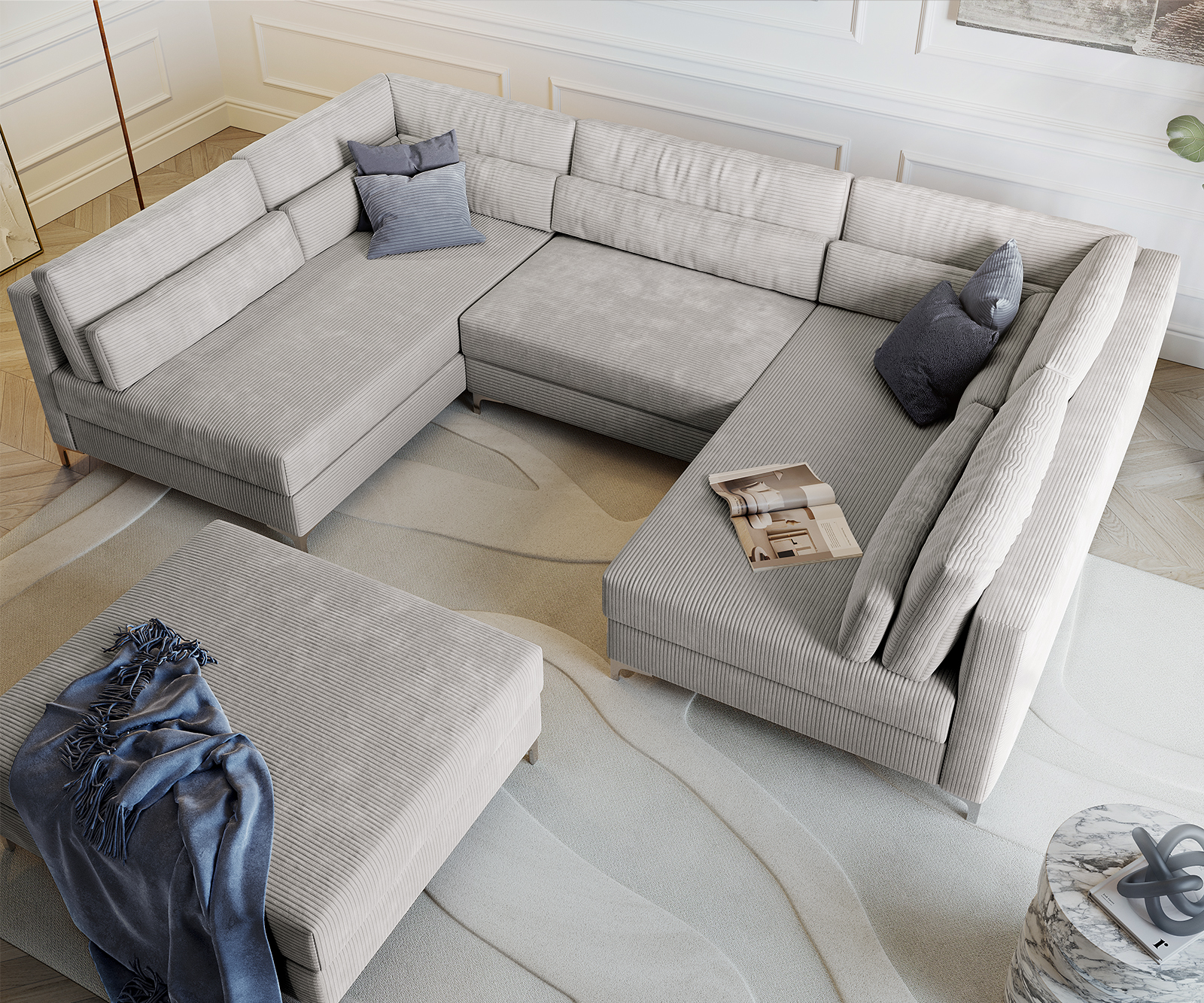 Pohovka ve tvaru "U" Elio 300x185 cm manšestr stříbrnošedá s taburetem - Image 5