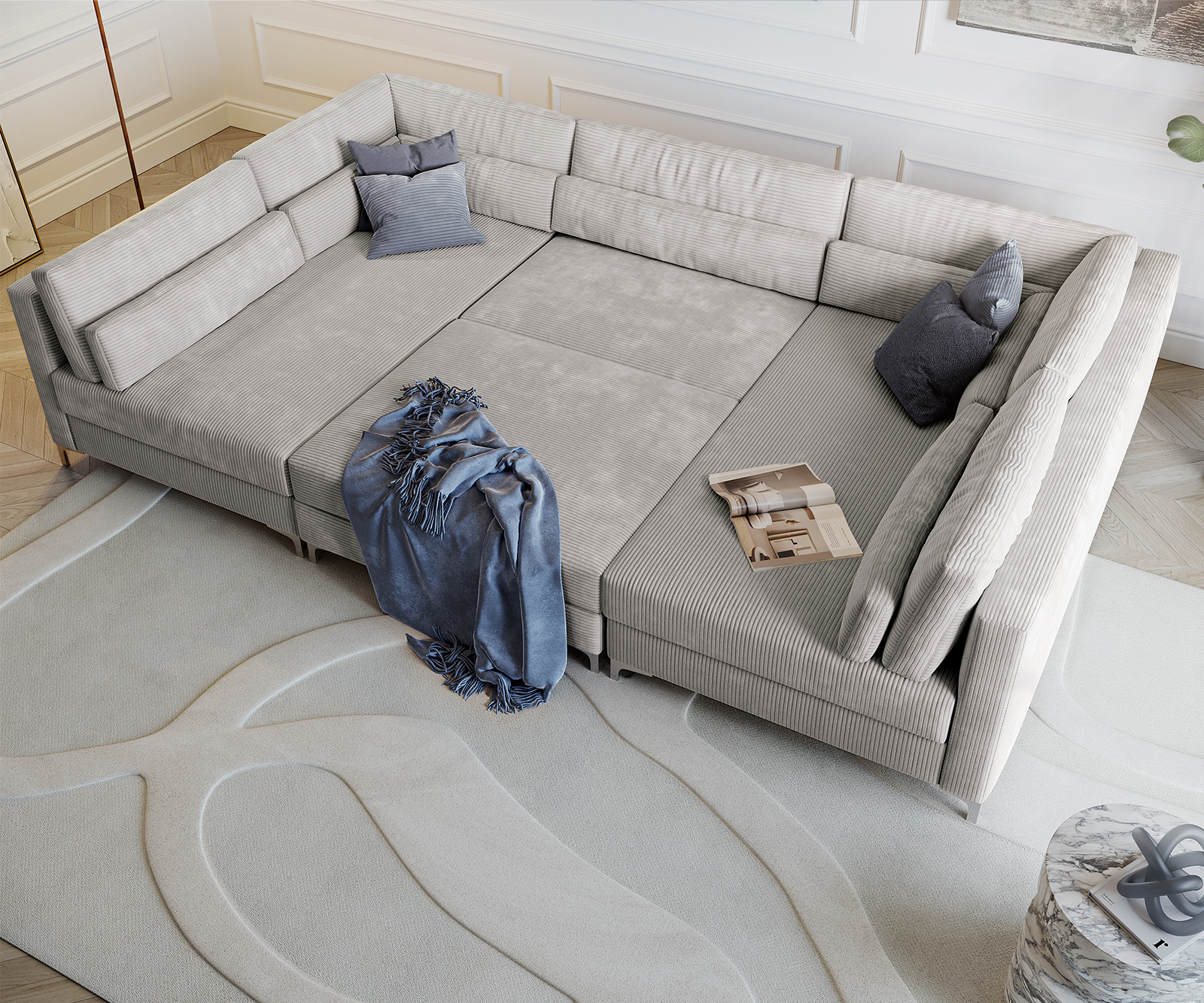 Pohovka ve tvaru "U" Elio 300x185 cm manšestr stříbrnošedá s taburetem - Image 6