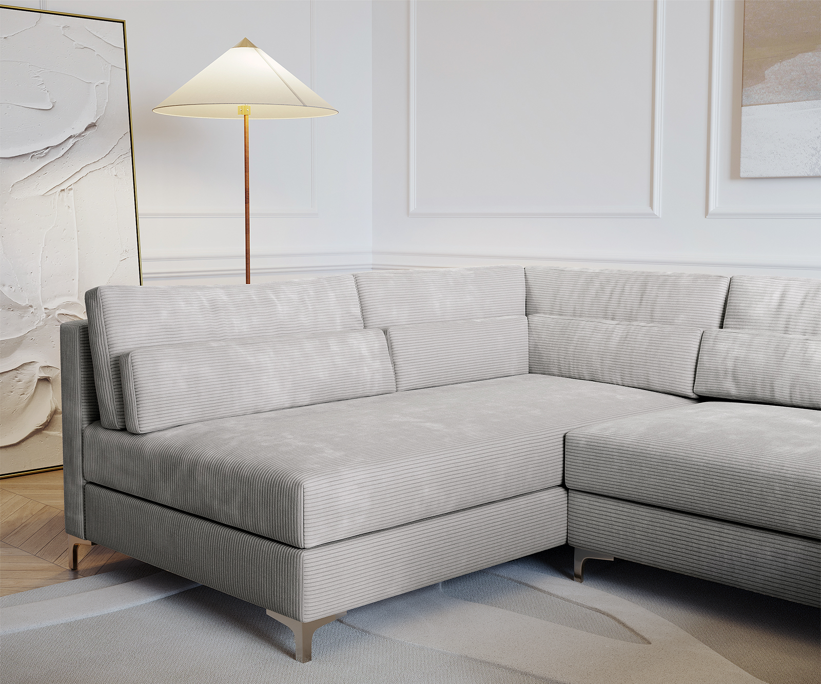 Pohovka ve tvaru "U" Elio 300x185 cm manšestr stříbrnošedá s taburetem - Image 7