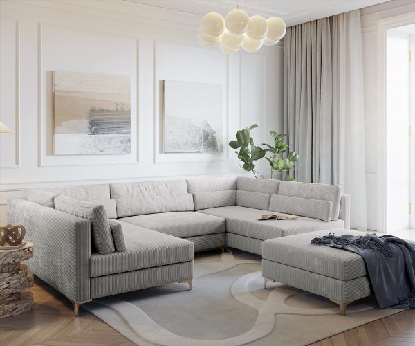 Pohovka ve tvaru "U" Elio 300x185 cm manšestr stříbrnošedá s taburetem