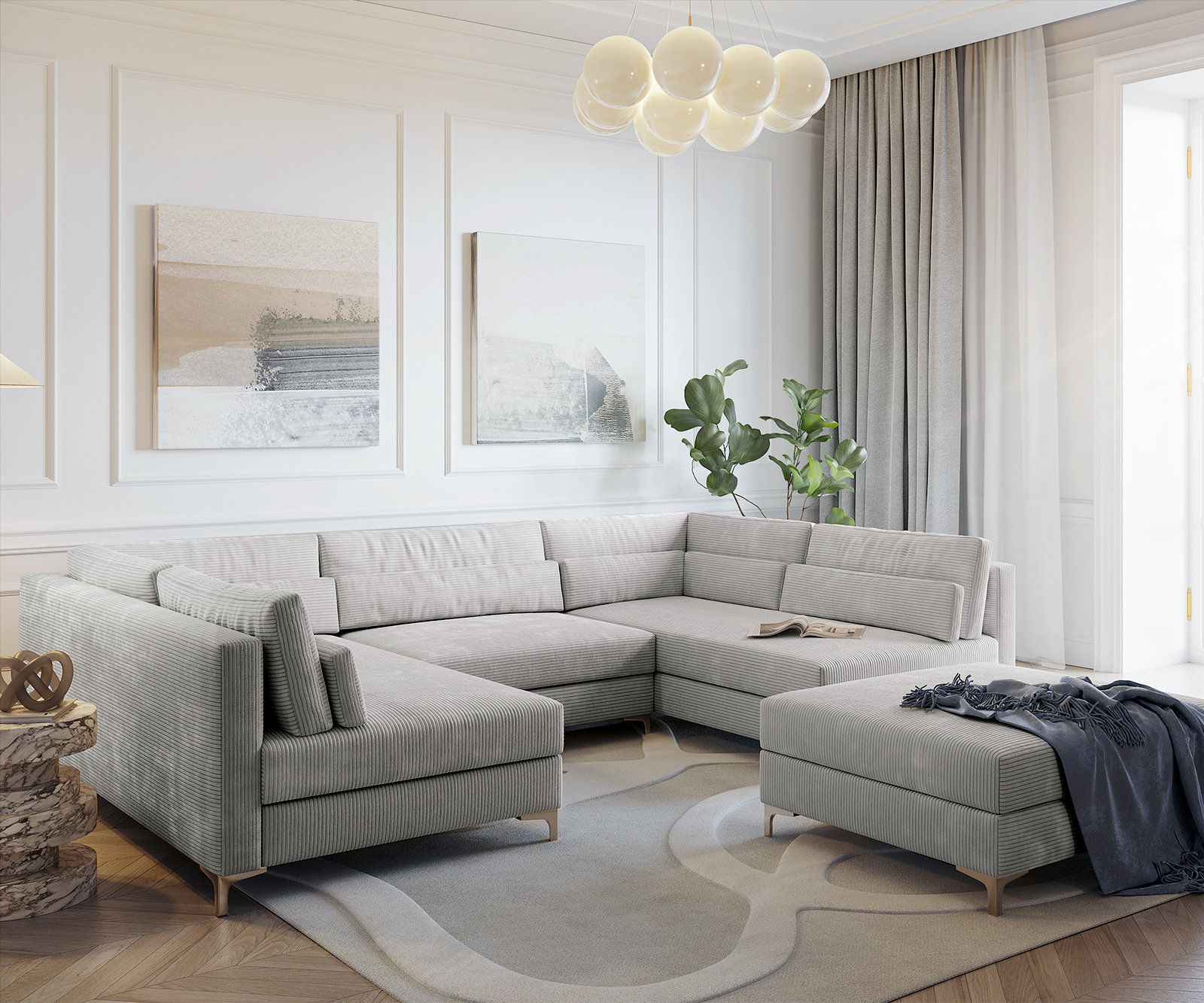 Pohovka ve tvaru "U" Elio 300x185 cm manšestr stříbrnošedá s taburetem