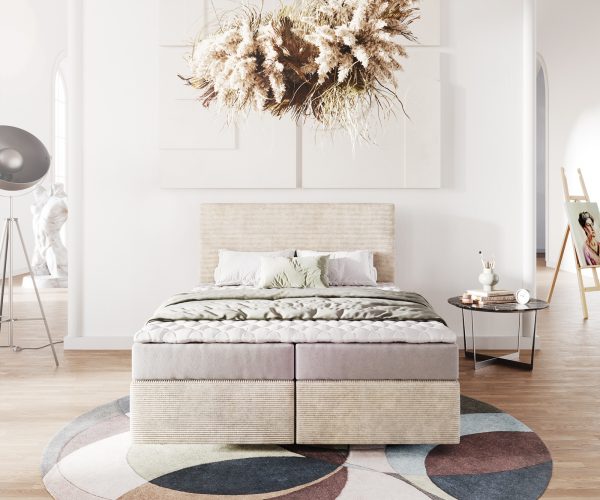 Boxspring ágy Dream-Well 140x200 cm kordbársony bézs matraccal és topperrel - Image 2
