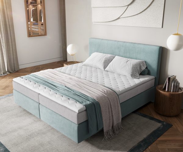 Boxspring ágy Dream-Well 180x200 cm pasztellkék kordbársony zsákrugós matraccal és visco topperrel - Image 4