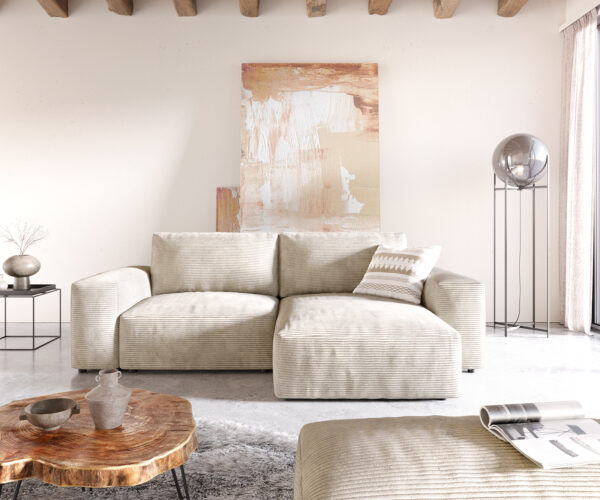 Sarokkanapé Lanzo L 260x160 cm kordbársony bézs változtatható rekamié puffal - Image 2