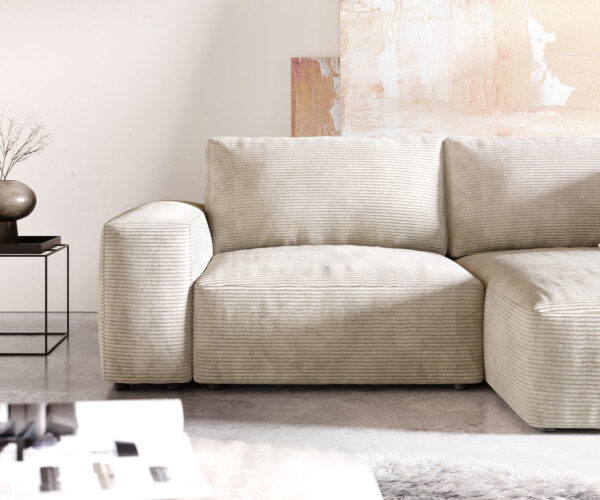 Sarokkanapé Lanzo L 260x160 cm kordbársony bézs változtatható rekamié puffal - Image 5