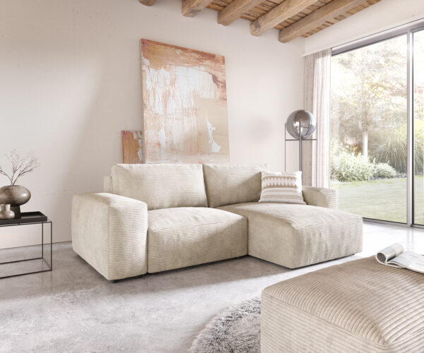 Sarokkanapé Lanzo L 260x160 cm kordbársony bézs változtatható rekamié puffal