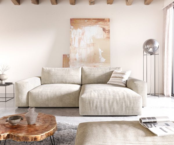 Sarokkanapé Lanzo XL 270x180 cm kordbársony bézs változtatható rekamié puffal - Image 2